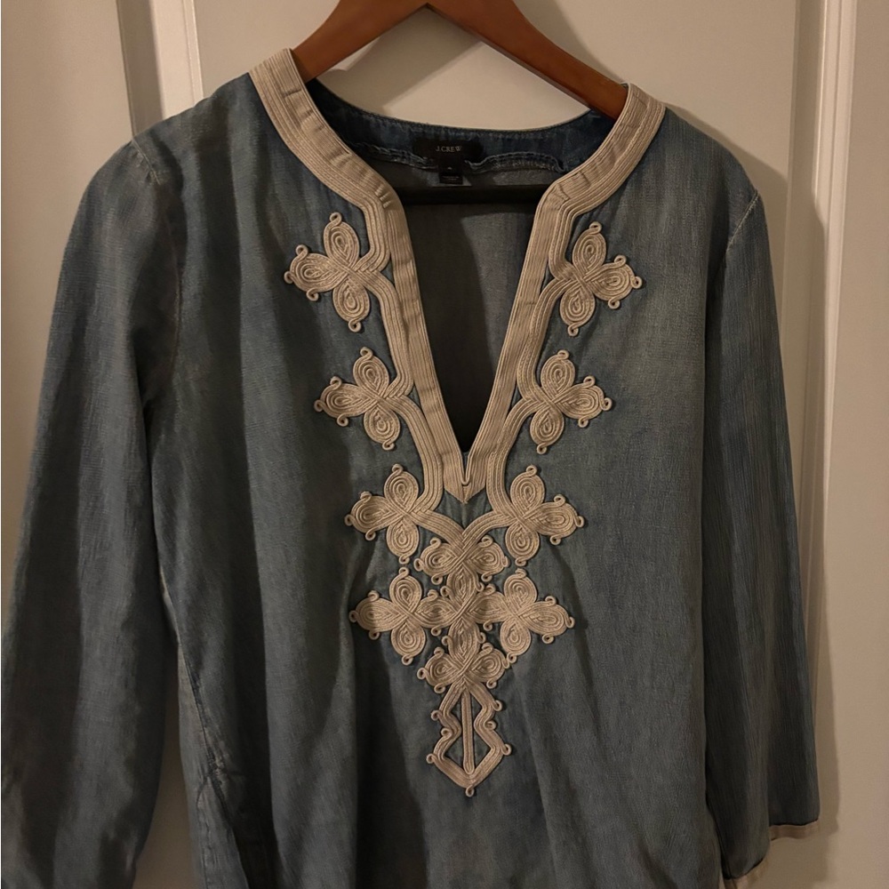 J. Crew Blue Denim Blouse with Cream Embroidery